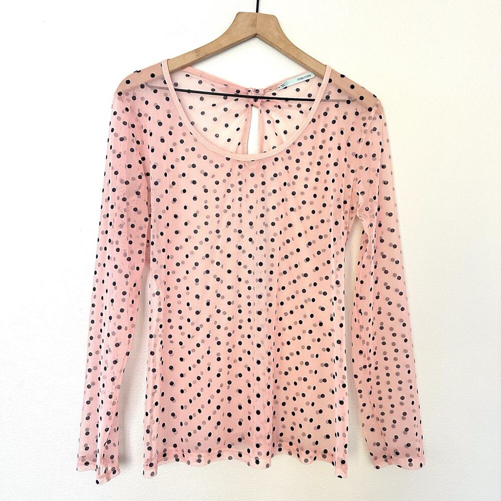 Vintage Y2K Mesh Polka Dot Top Sz XL Pink Black Velvet Sheer Whimsigoth Fairy